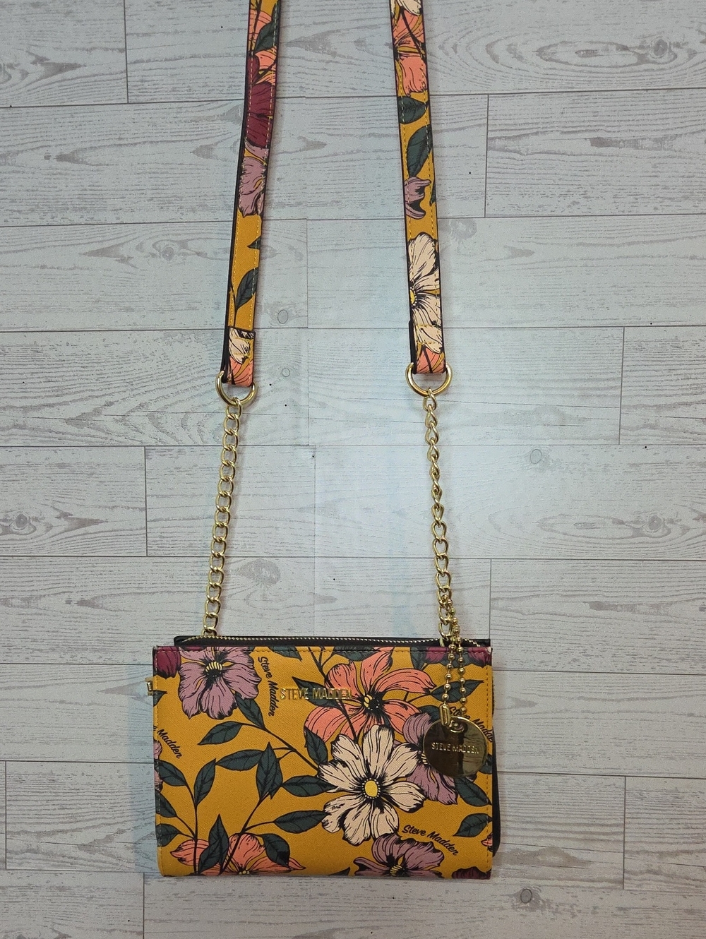 Steve Madden Mustard Floral Crossbody Bag with Gold Chain